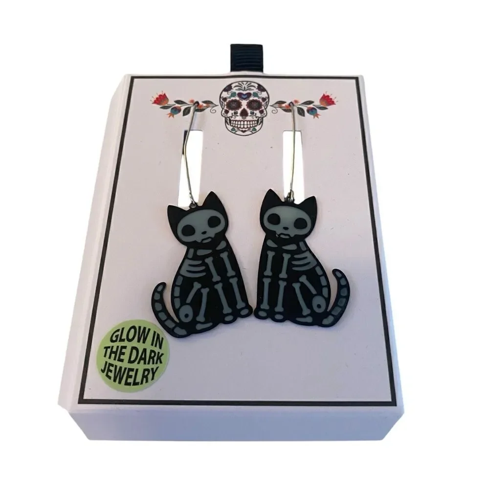 Bella•Jack Glow In The Dark Cat Skeleton Earrings.